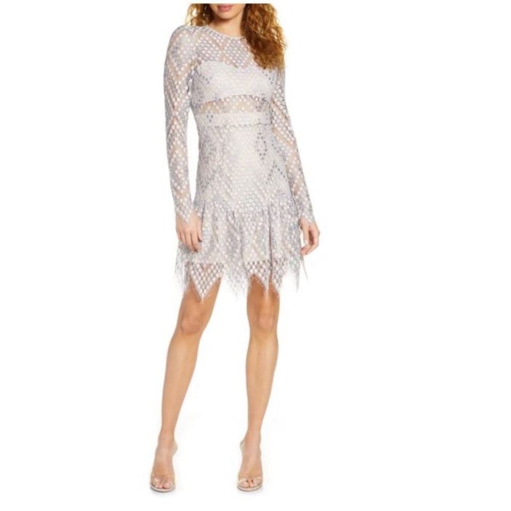 NWT Foxiedox Clara Crochet dress. Foxiedox grey pink cocktail dress. Grey dress